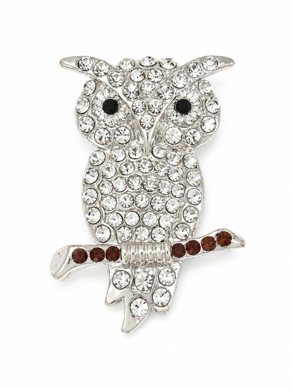 Vintage Silver Tone Rhinestone Owl Brooch Pin | Crystal Bird on Branch